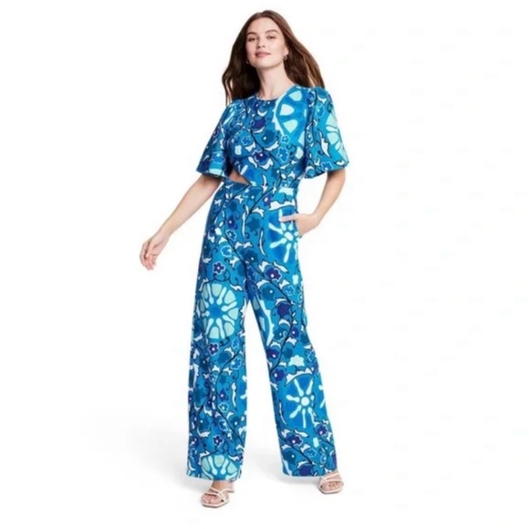 RHODE X Target Blue Floral Linen Blend Short Sleeve Wide Leg Jumpsuit Small - Picture 3 of 17